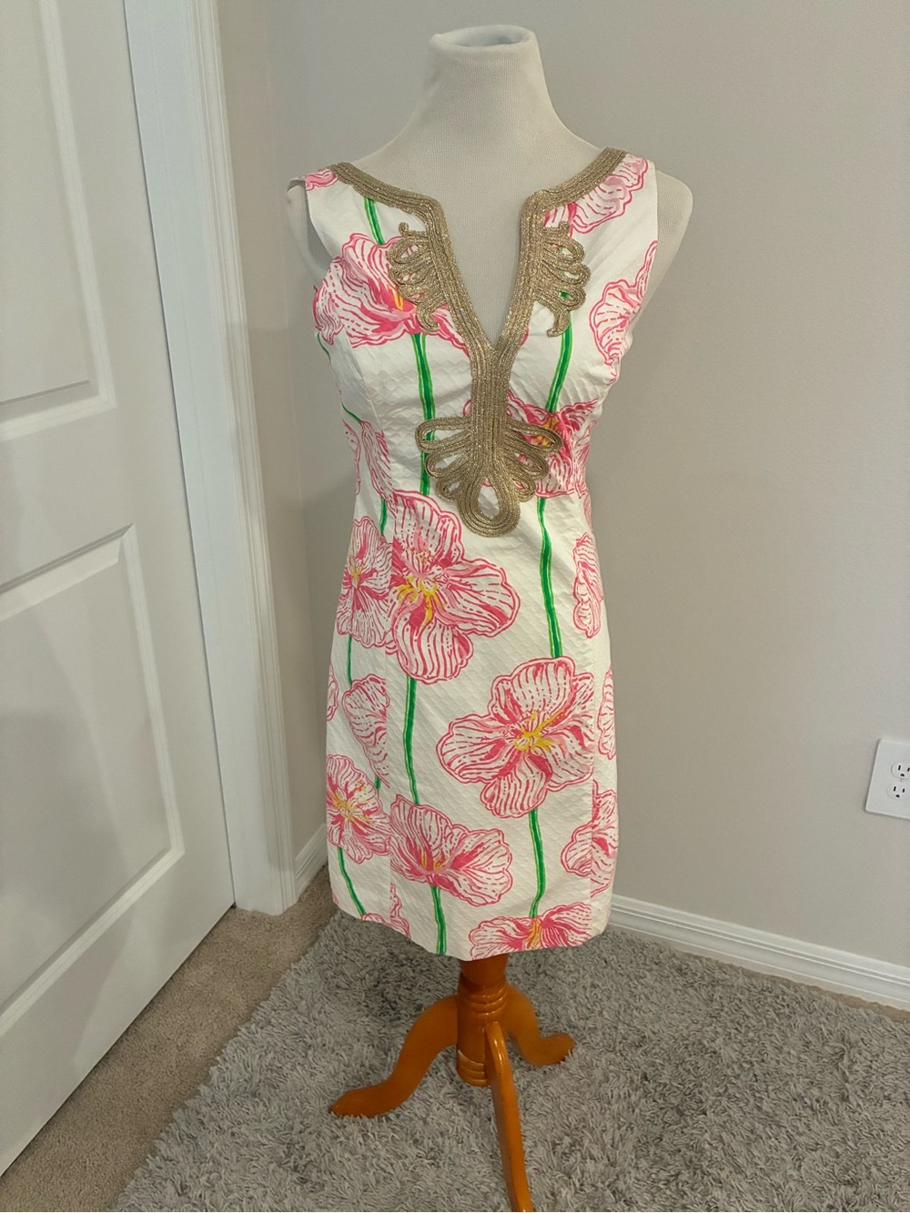 Title: Lilly Pulitzer Floral Shift Dress Gold Soutache Trim Pink White Size 4